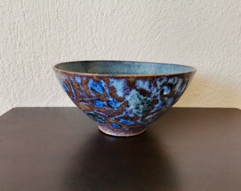 Vintage stoneware bowl, folk art ceramic bowl with lost wax decoration of green leaves and blue flowers, Greek pottery conical bowl