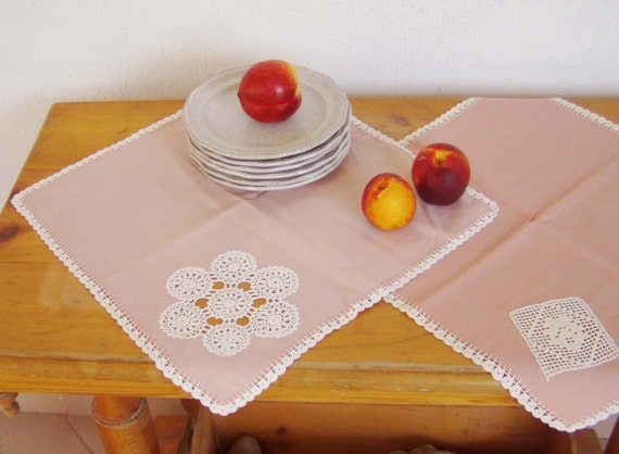 Vintage tea towels, dusty pink, hand crodheted tea towels, Greek linens collection, early seventies, set of two