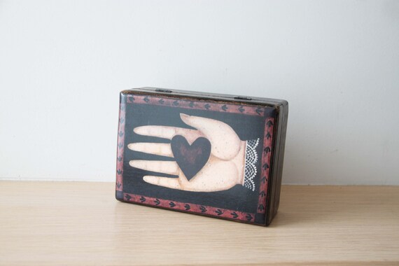Heart wooden box with hand decoupage, vintage gift box with hand and heart illustration, Valentines box, retro hand holding heart image