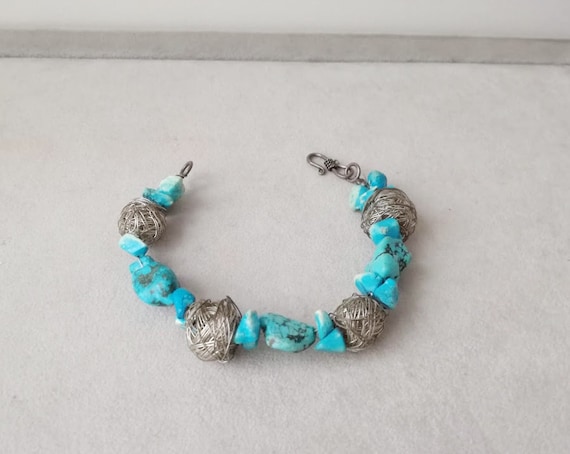 Turquoise stone bracelet, turquoise beaded bracelet with silver wire beads, turquoise and howlite, vintage cuff, late eighties