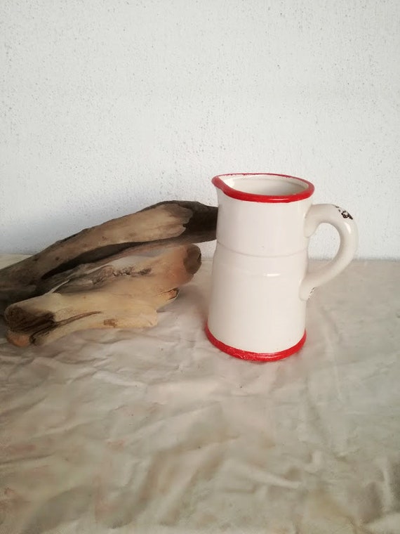 Rustic white jug, ceramic white pitcher, vintage earthenware jug in white glaze with red rims, small white pitcher in conical form