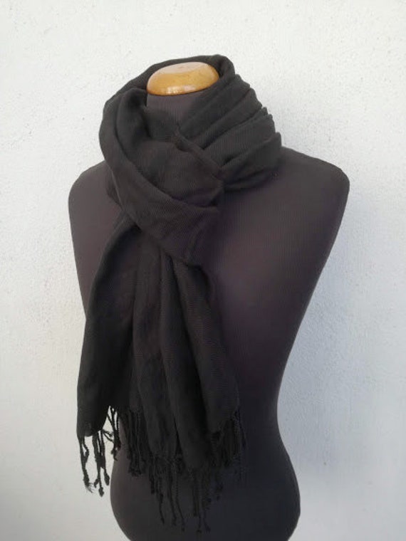 Black viscose scarf, vintage viscose scarf, long black scarf, long black shawl, unisex black scarf, pashmina style scarf