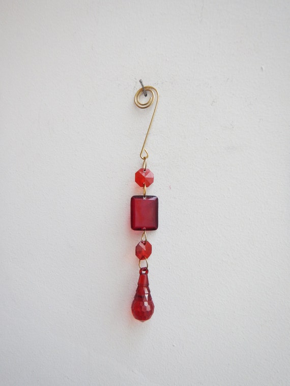 Vintage faux crystal ornament, red faux crystal ornament with brass wire, late seventies