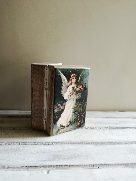 Christmas wooden box with angel decoupage, vintage illustration of angel with Christmas presents, Xmas box with 'Merry Christmas' sign