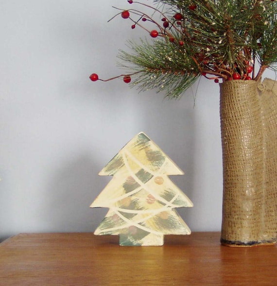 Vintage Christmas vase, Christmas tree ceramic vase, earthenware clay, fir tree vase with painted ribbons and baubles