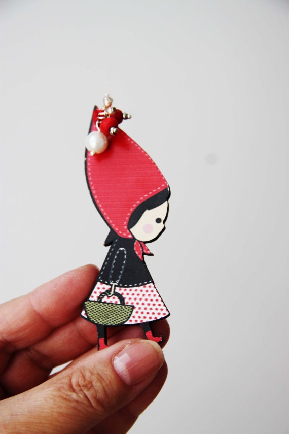 Red Riding Hood wooden brooch, wooden brooch of Red Riding Hood in profile with long, red hood, black vest and basket, girls teens brooch