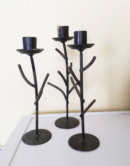 Vintage iron candlesticks, set of three, twig shaped black, wrought