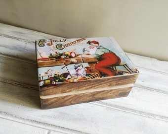 Christmas wooden box with Santa decoupage, vintage illustration of Santa Claus making toys in his workshop, Xmas gift box with Santa cover