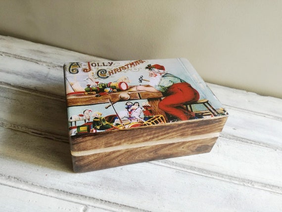 Christmas wooden box with Santa decoupage, vintage illustration of Santa Claus making toys in his workshop, Xmas gift box with Santa cover