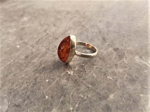 Vintage amber ring, sterling silver ring with oval amber stone, unique vintage amber, late eighties