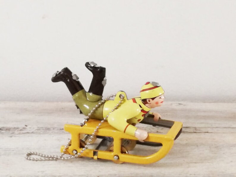 Yellow sled tree ornament, Christmas tree ornament, vintage tree ornament with child in winter clothes, collectible sled miniature image 7