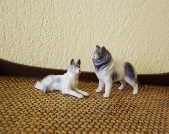 Vintage porcelain dogs, sitting and standing dog set, white and blue miniature, porcelain dogs, vintage dog figurines, dog knick knacks