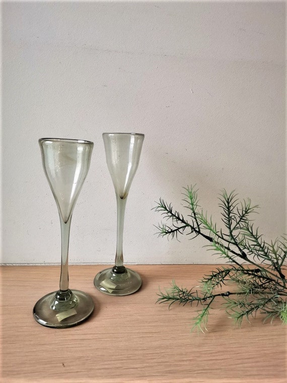 Vintage green goblets, vintage handblown glass in transparent pale green, green liqueur goblet in conical shape, set of two