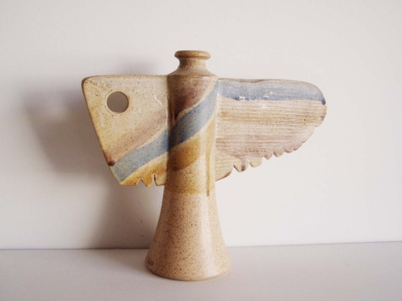 Vintage ceramic candleholder/vase, winged, slender Greek vintage pottery vase and candle holder, rustic boho candleholder or vase