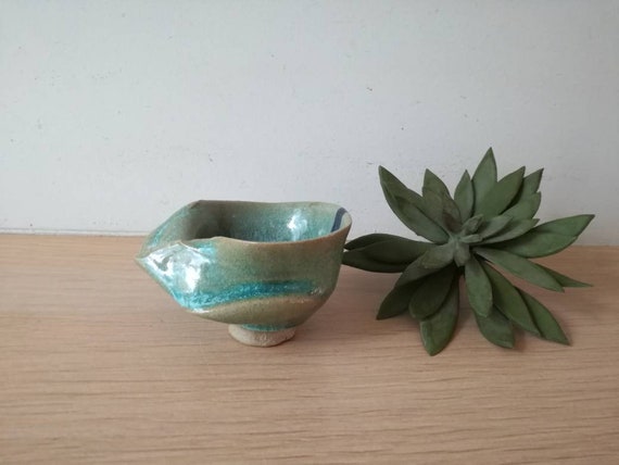 Vintage ceramic pot, pinched green pot, stoneware clay vintage bowl, Greek pottery bowl, late nineties