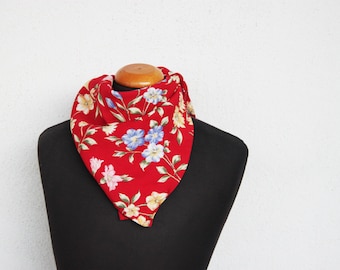 Vintage red scarf, square viscose scarf, flowers cotton viscose scarf, 'Claire' wild flowers, boho scarf, early nineties