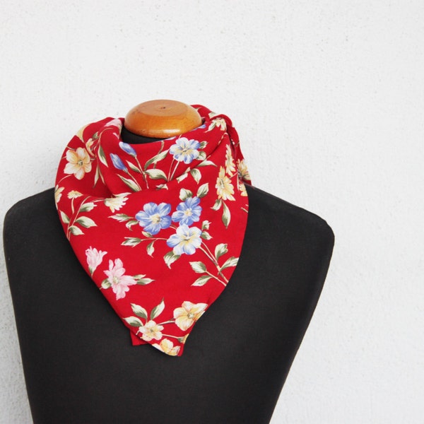 Vintage red scarf, square viscose scarf, flowers cotton viscose scarf, 'Claire' wild flowers, boho scarf, early nineties