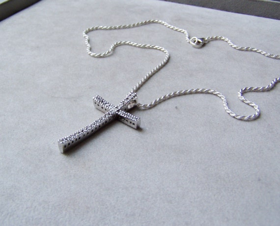 Vintage silver cross  and chain, solid sterling, platinum plated, modern cross necklace, with cubic zirconium stones, mid nineties