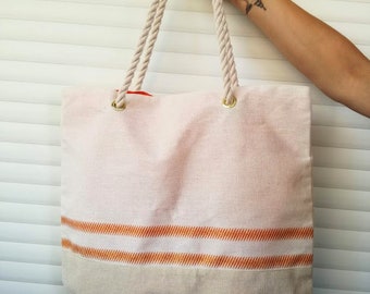 Vintage tote bag, beige canvas tote bag with white rope handles, two tone beige bag with orange stripes and interior, vintage accessories
