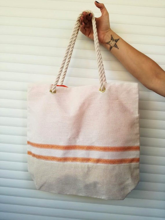 Vintage tote bag, beige canvas tote bag with white rope handles, two tone beige bag with orange stripes and interior, vintage accessories