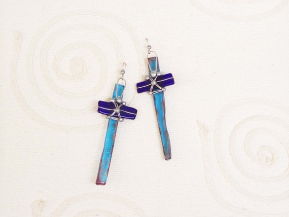 Blue cross earrings, vintage, glass cross earrings with metal wire in turquoise and royal blue, boho gothic cross earrings, mid eighties
