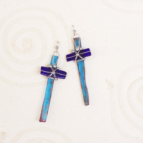 Blue cross earrings, vintage, glass cross earrings with metal wire in turquoise and royal blue, boho gothic cross earrings, mid eighties