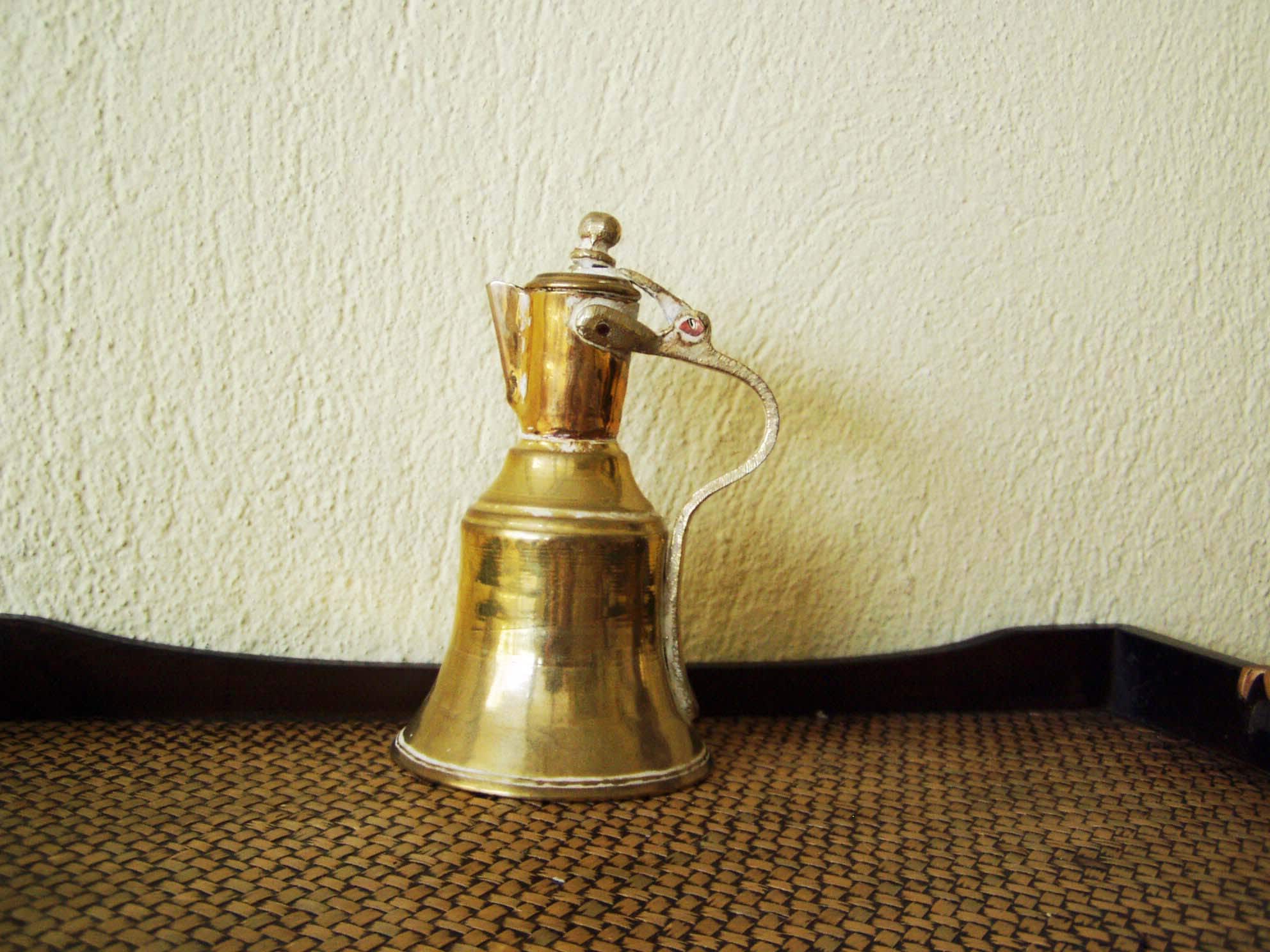 Vintage brass pitcher, brass copper lidded jug, small brass pot with spout  and lid, Greek folk art, Greek brass antiques, early 20's