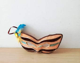 Vintage carnival mask, brown, orange and gold eye mask, masquerade, polyester mask ornament, Venetian style mask ornament, early eighties