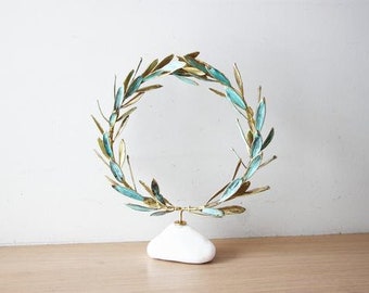 Real Olive golden wreath, bronze olive wreath, GrecoRoman, real olive twigs wreath on stone, electroplated olive wreath