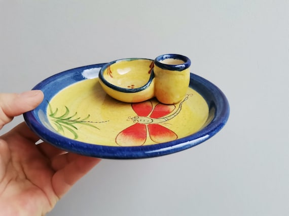 Vintage olives dish, Greek earthenware ceramic plate for olives with pits and picks compartments, bright yellow and blue olives and pits pot