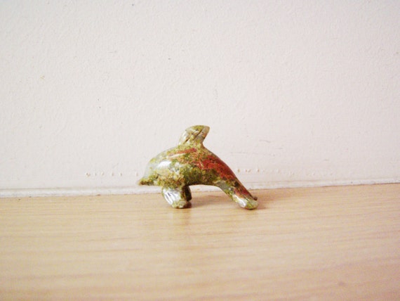 Vintage dolphin miniature, unakite gem stone dolphin, green dolphin miniature, tiny dolphin sculpturebeach cottage decor, late seventies