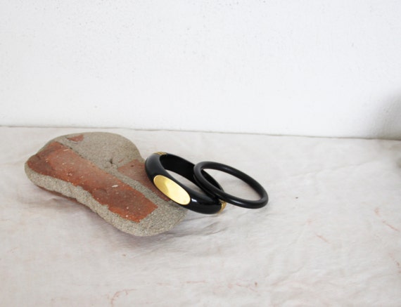 Vintage wooden bangles, two black wooden bangles, one thin, plain bangle, one wide with gold trim, boho black bracelets, set of two