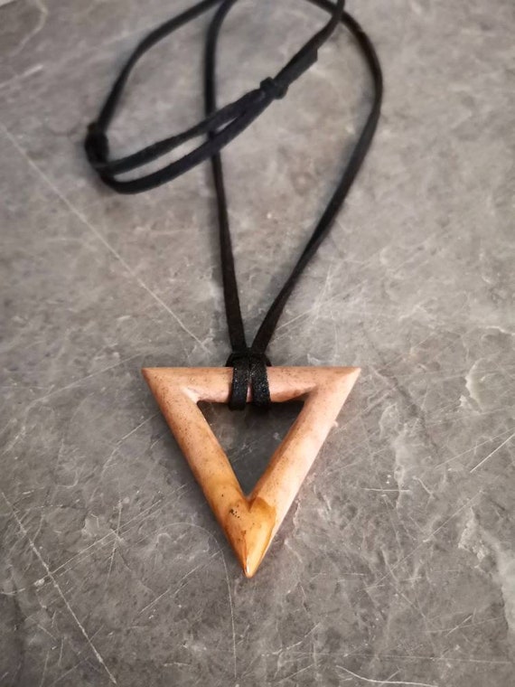 Triangle jasper necklace , vintage jasper stone pendant in triangle, outline form on black, suede leather cord