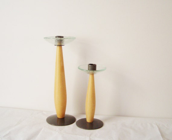 Vintage modern candleholders, wood, glass and metal candlesticks, tall and short, set of two, Greek, handmade, early nineties