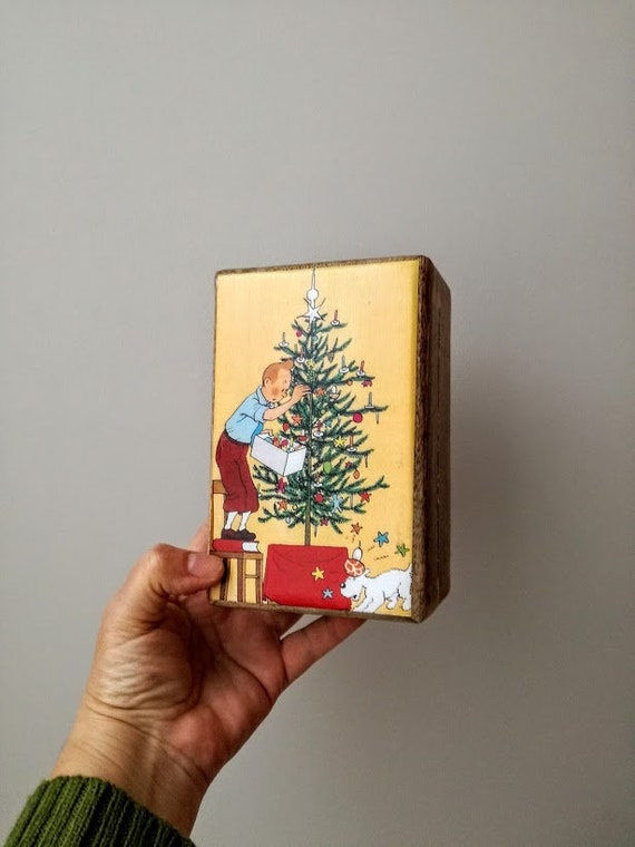 Christmas wooden box with tenten decoupage, vintage illustration of tenten decorating Xmas tree, Xmas gift box with comic hero cover