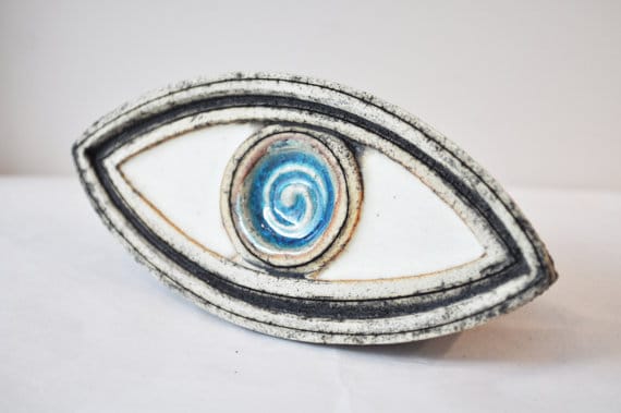 Stoneware blue eye sculpture, high fire Greek ceramics, turquoise blue white eye, blue eye decor, modern blue eye gift, evil eye protection