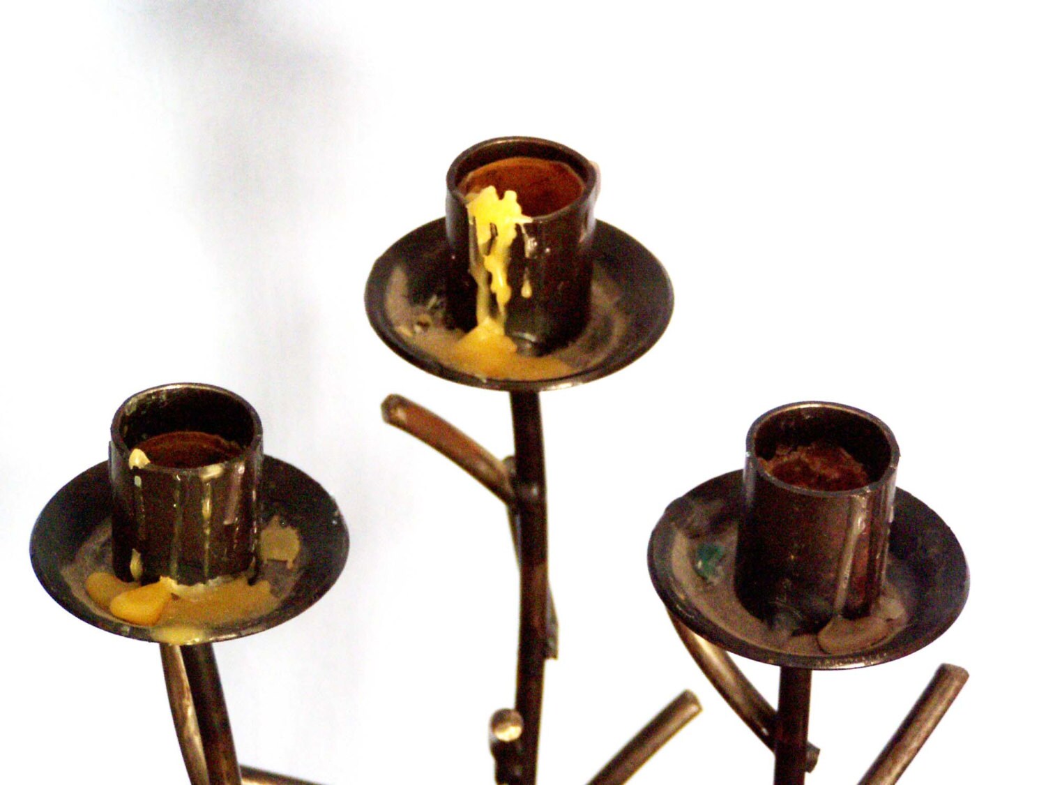 Vintage iron candlesticks, set of three, twig shaped black, wrought