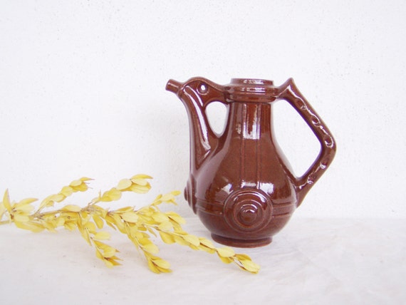 Vintage rustic pitcher, folk art, earthenware- terracotta pitcher with spout and handle, small, intricate, folk pattern jug, early sixties