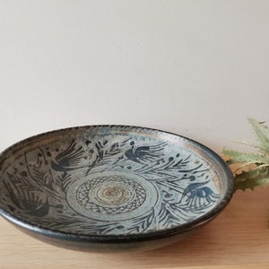 Vintage stoneware bowl, stoneware clay open bowl with blue gray glaze and painting, vintage Greek pottery, boho rustic blue plate