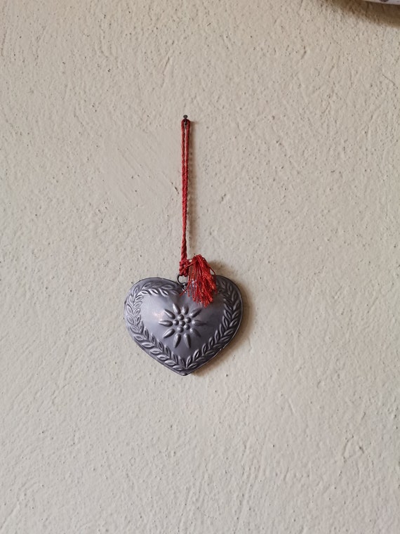 Metal heart ornament, vintage decorative heart, aluminum heart ornament with dark orange cord, vintage heart decor