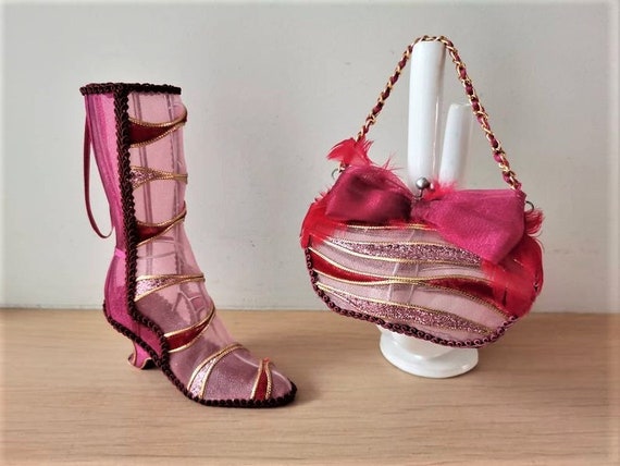 Vintage boot and purse, polyester boot and purse ornaments, burgundy, gold and pink boot and purse figurines/ornaments