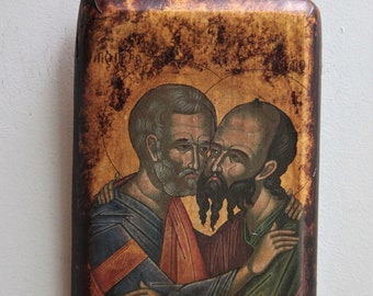 St Peter with St Paul icon, vintage icon of Saints Peter and Paul together, Byzantine style icon decoupaged on wood, Ortjodox Greek icon