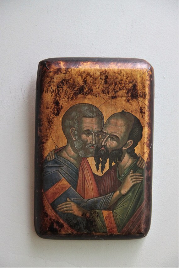 St Peter with St Paul icon, vintage icon of Saints Peter and Paul together, Byzantine style icon decoupaged on wood, Ortjodox Greek icon