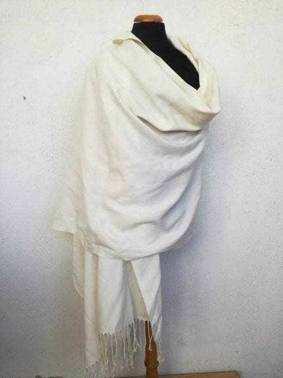 Large ivory pashmina, viscose polyester pashmina style shawl, white beige, vintage pashmina style shawl, early nineties