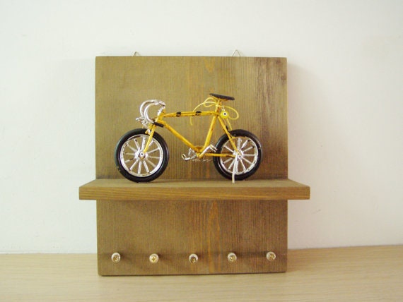 Yellow bicycle keyhanger, wooden shelf, wall, key organiser with yellow, racing bike miniature, bicycle wall decor and organiser
