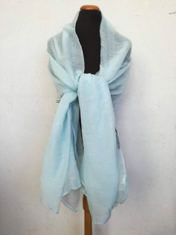 Sky blue scarf, vintage viscose scarf, long aqua blue scarf, pale blue long shawl, knotted thread fabric shawl, early nineties