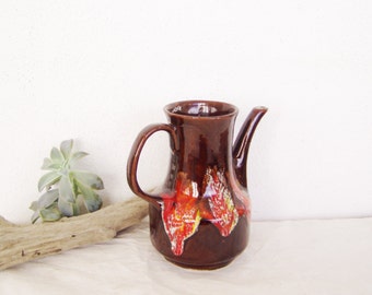 Vintage mid-century pitcher, brown-red pitcher of earthenware clay with long spout, mid-century, ceramic coffee pot, early sixties