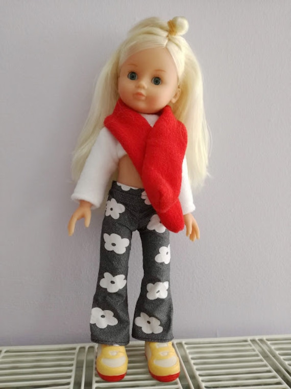 Vintage blond doll, long haired blond doll girl with flower print pants and red scarf, ash blond plastic doll, early nineties