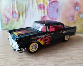 Black car toy, vintage Chevy car toy, flames decorated car miniature, Majorette vintage toy car from the eighties