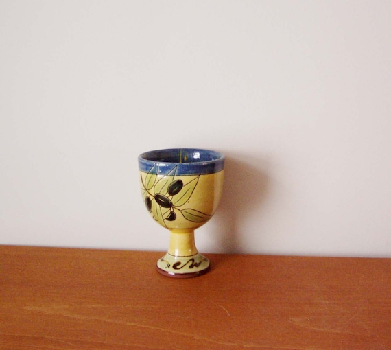 Vintage ceramic goblet, Greek earthenware ceramic goblet, glazed in bright yellow and blue,decorated  with black olives, early nineties